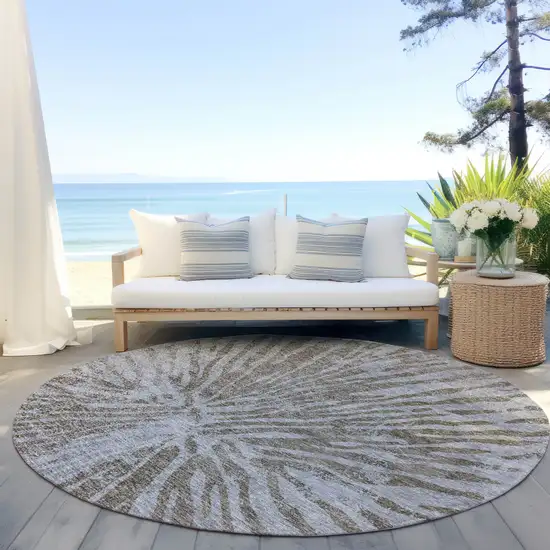 8' Brown And Gray Round Abstract Washable Indoor Outdoor Area Rug Photo 6