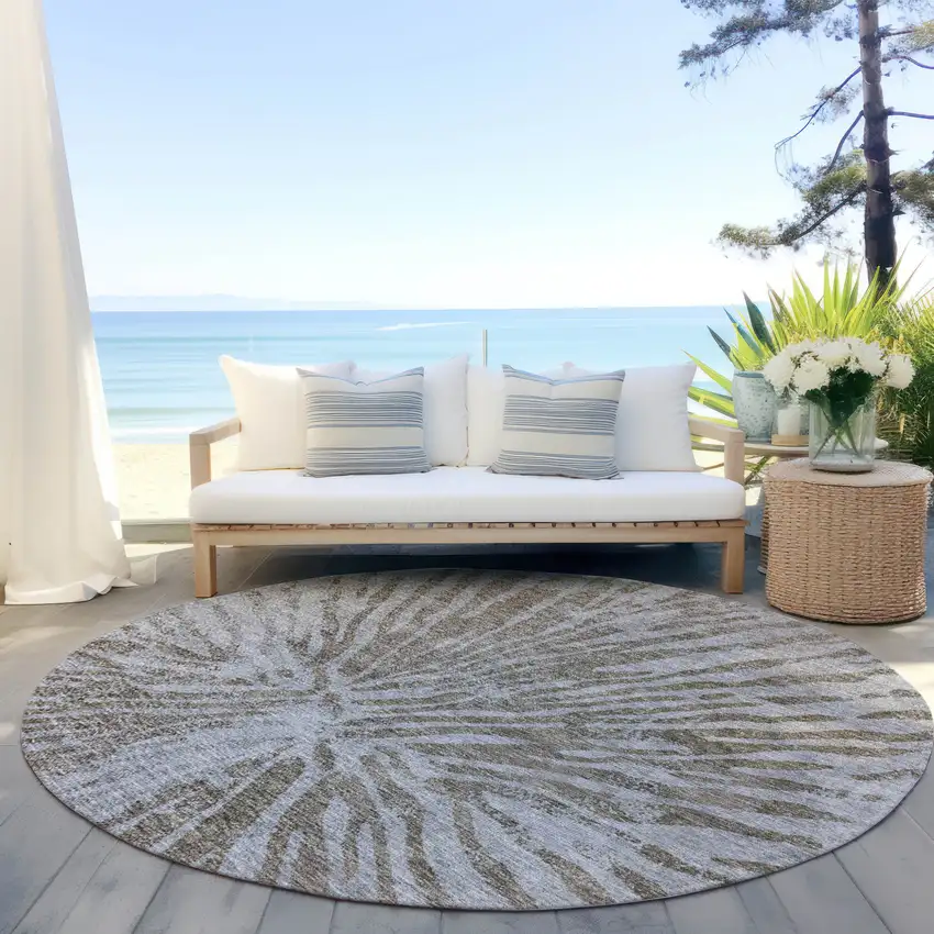 8' Brown And Gray Round Abstract Washable Indoor Outdoor Area Rug Photo 6