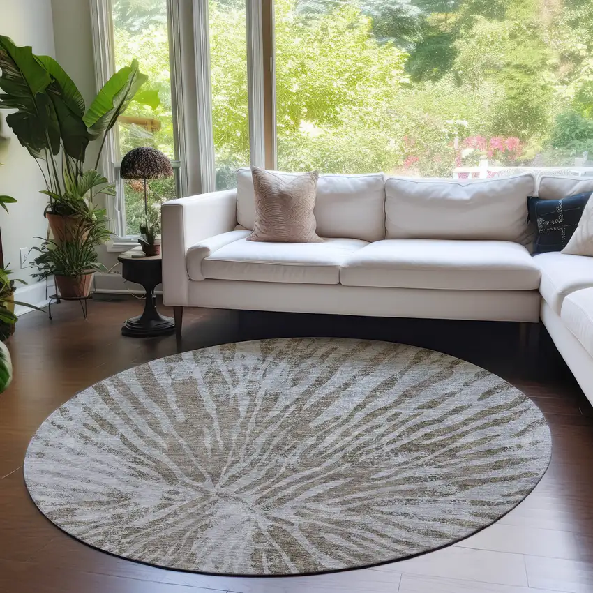 8' Brown And Gray Round Abstract Washable Indoor Outdoor Area Rug Photo 7