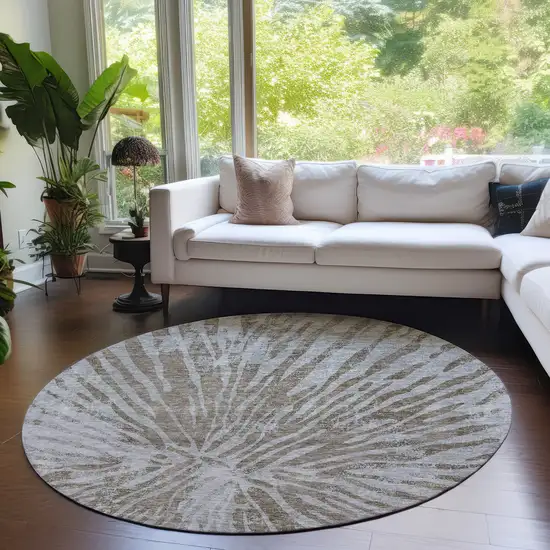 8' Brown And Gray Round Abstract Washable Indoor Outdoor Area Rug Photo 7