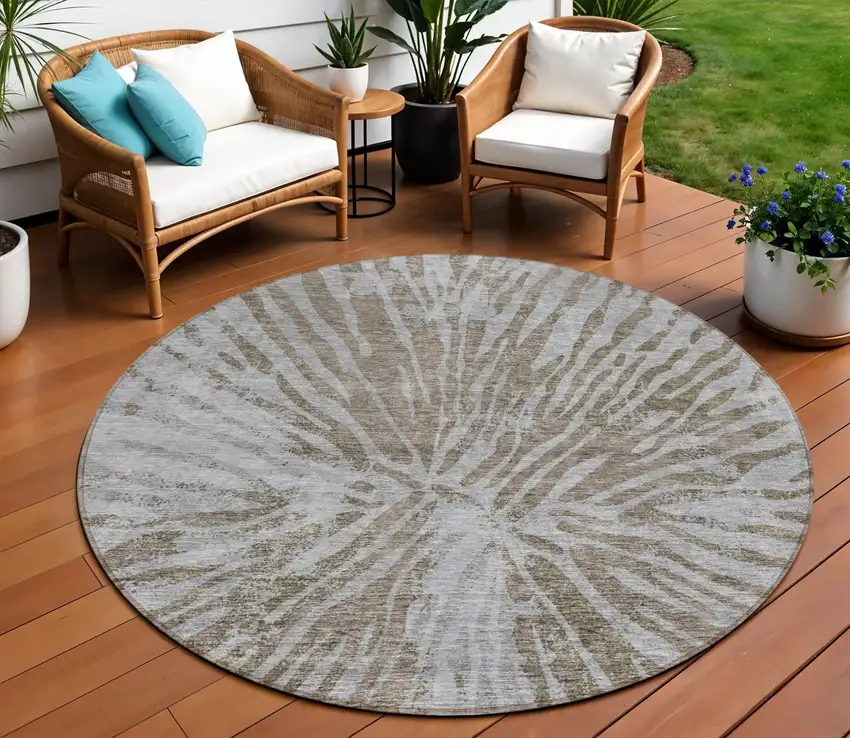 8' Brown And Gray Round Abstract Washable Indoor Outdoor Area Rug Photo 1