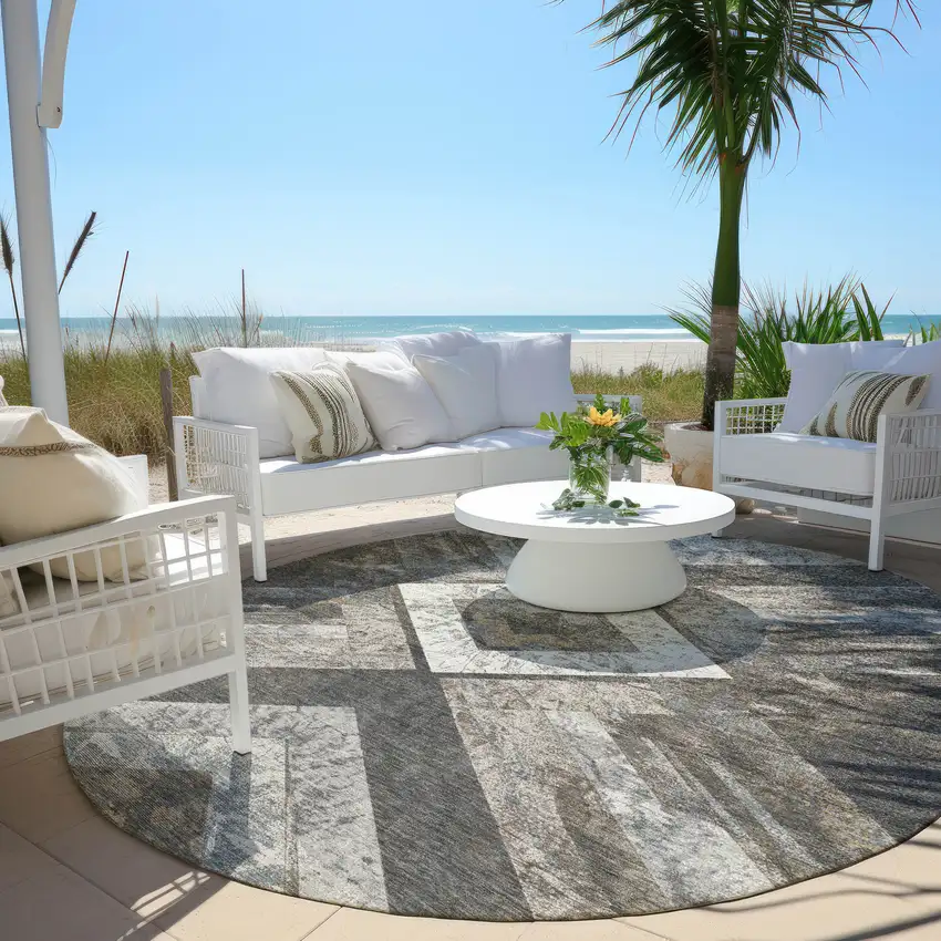 8' Brown And Gray Round Geometric Washable Indoor Outdoor Area Rug Photo 5