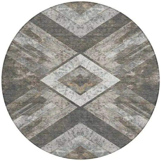 8' Brown And Gray Round Geometric Washable Indoor Outdoor Area Rug Photo 3