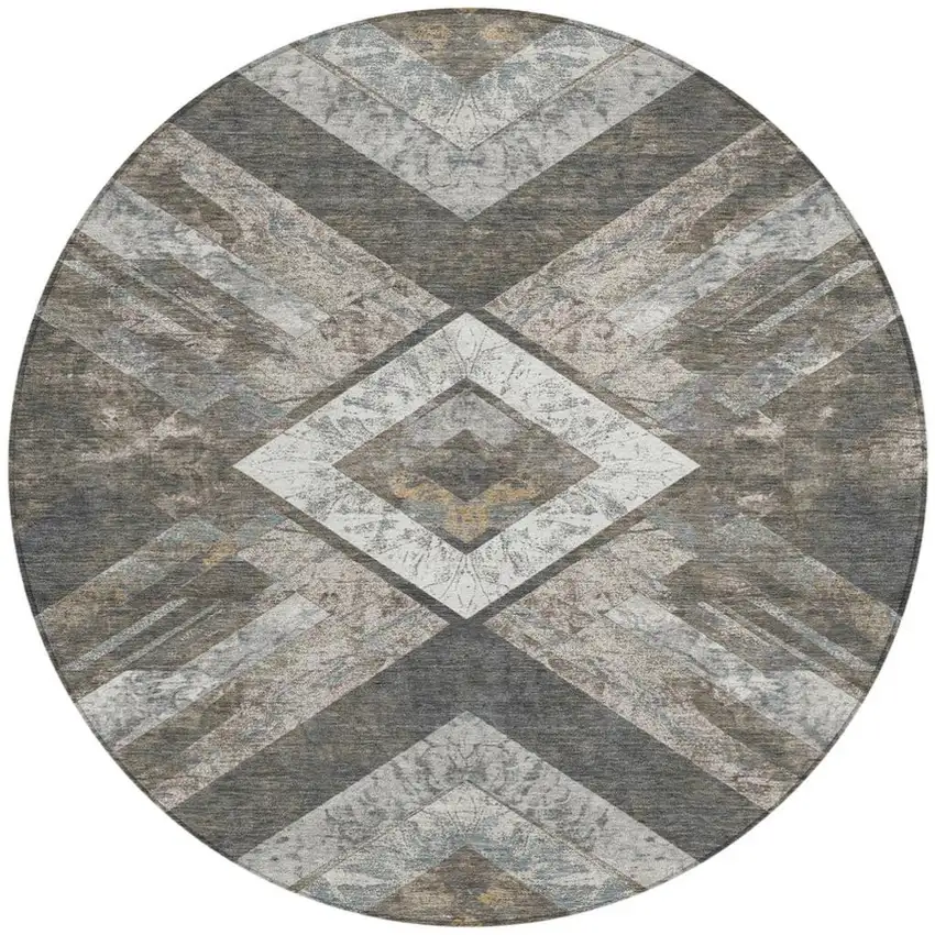 8' Brown And Gray Round Geometric Washable Indoor Outdoor Area Rug Photo 3