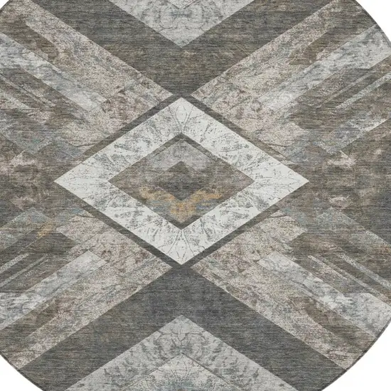 8' Brown And Gray Round Geometric Washable Indoor Outdoor Area Rug Photo 4