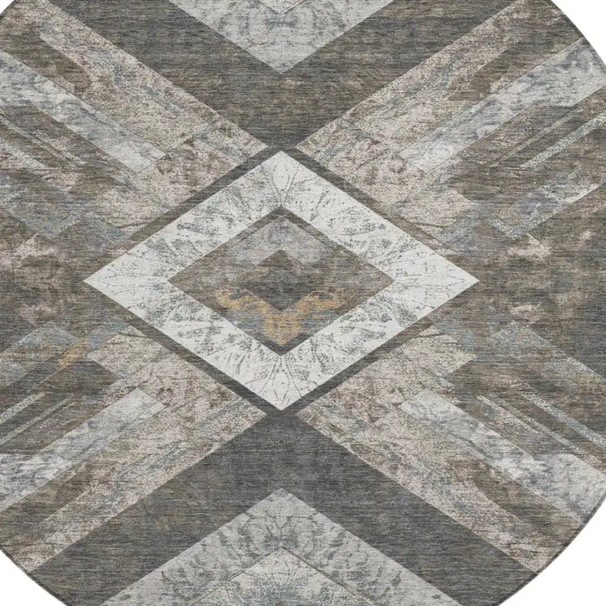 8' Brown And Gray Round Geometric Washable Indoor Outdoor Area Rug Photo 4