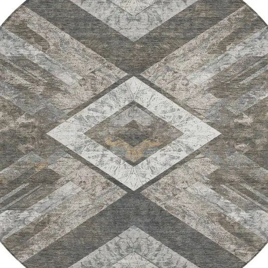 8' Brown And Gray Round Geometric Washable Indoor Outdoor Area Rug Photo 9