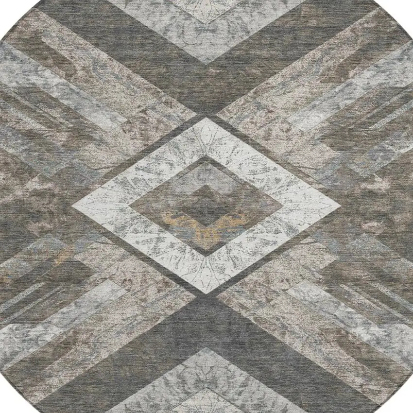 8' Brown And Gray Round Geometric Washable Indoor Outdoor Area Rug Photo 9