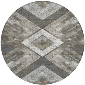 Photo of 8' Brown And Gray Round Geometric Washable Indoor Outdoor Area Rug