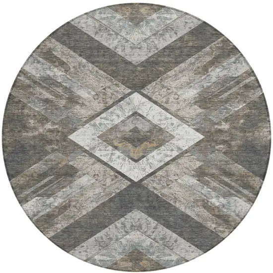 8' Brown And Gray Round Geometric Washable Indoor Outdoor Area Rug Photo 1