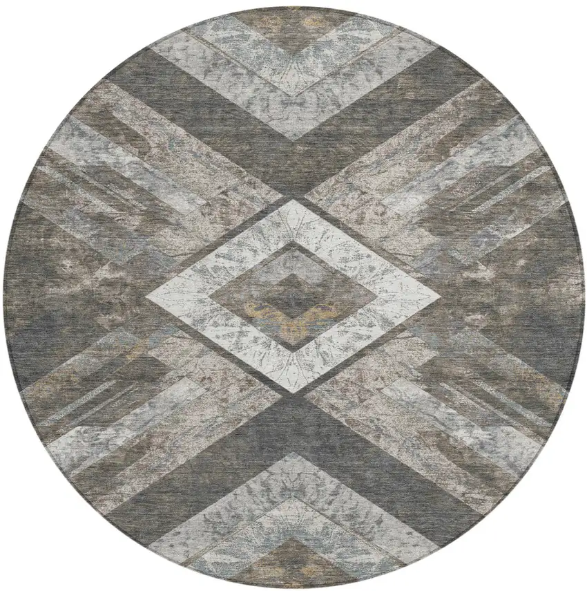 8' Brown And Gray Round Geometric Washable Indoor Outdoor Area Rug Photo 1