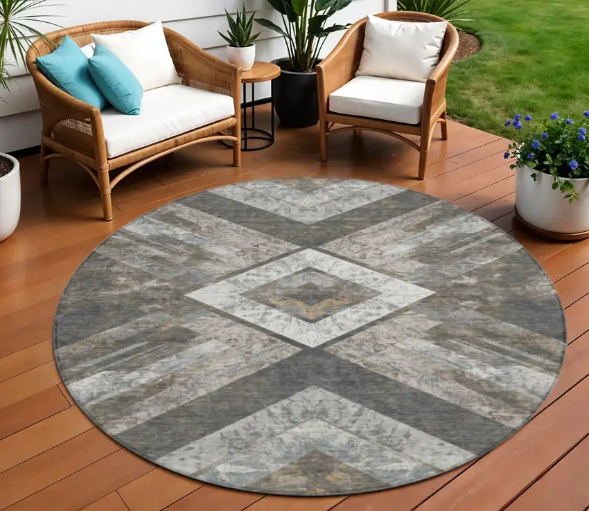 8' Brown And Gray Round Geometric Washable Indoor Outdoor Area Rug Photo 2