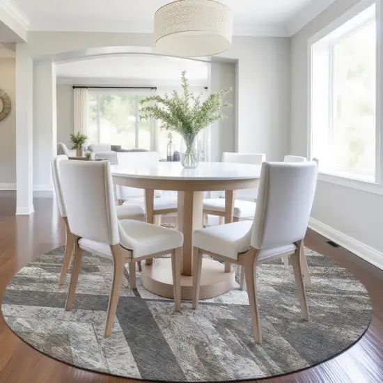 8' Brown And Gray Round Geometric Washable Indoor Outdoor Area Rug Photo 6