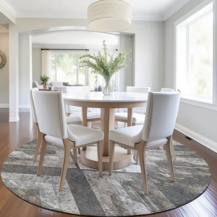 8' Brown And Gray Round Geometric Washable Indoor Outdoor Area Rug Photo 6