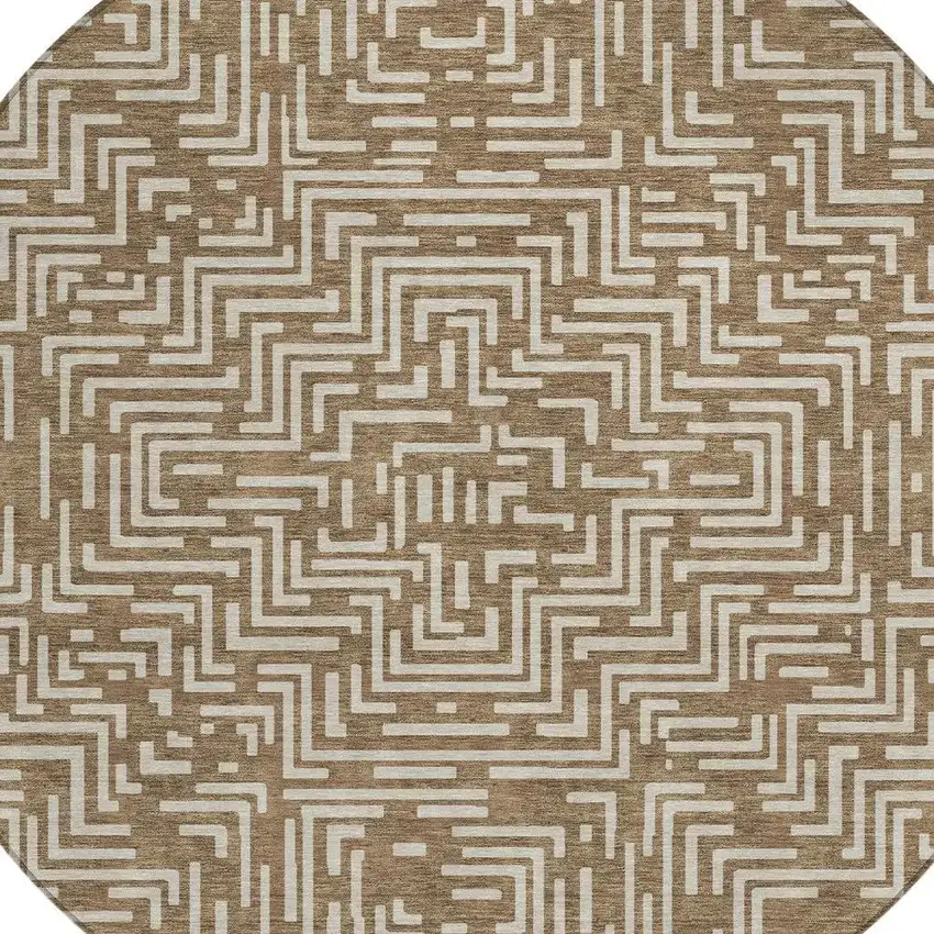 8' Brown And Gray Round Geometric Washable Indoor Outdoor Area Rug Photo 4