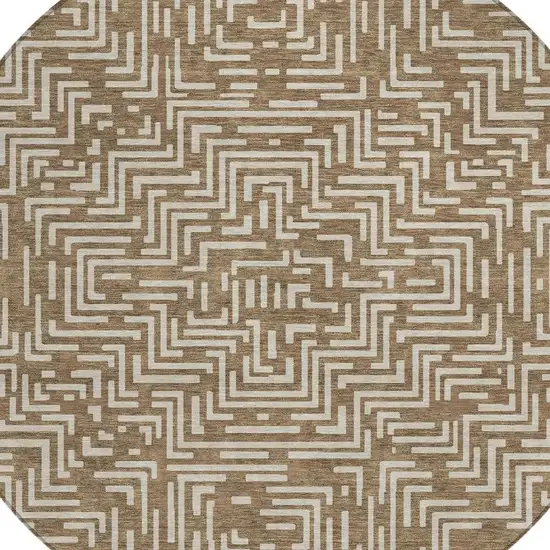 8' Brown And Gray Round Geometric Washable Indoor Outdoor Area Rug Photo 4
