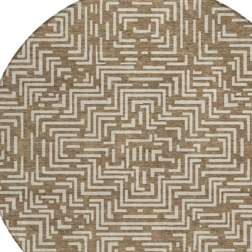 8' Brown And Gray Round Geometric Washable Indoor Outdoor Area Rug Photo 5