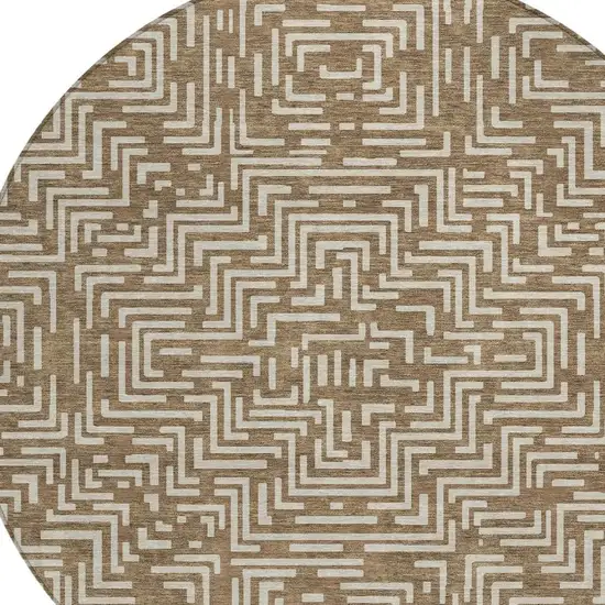 8' Brown And Gray Round Geometric Washable Indoor Outdoor Area Rug Photo 5