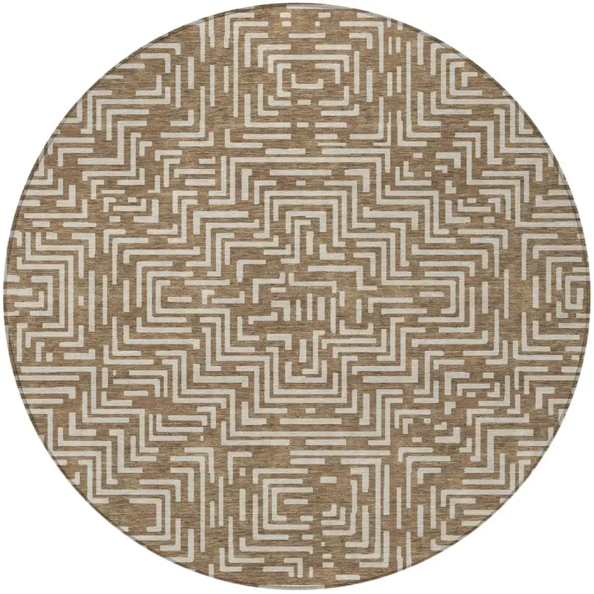 8' Brown And Gray Round Geometric Washable Indoor Outdoor Area Rug Photo 3