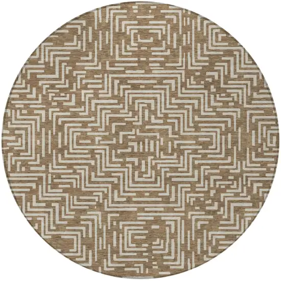 8' Brown And Gray Round Geometric Washable Indoor Outdoor Area Rug Photo 3