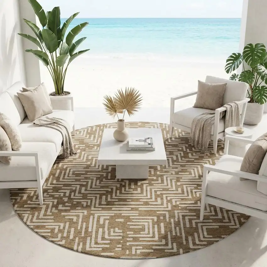 8' Brown And Gray Round Geometric Washable Indoor Outdoor Area Rug Photo 1