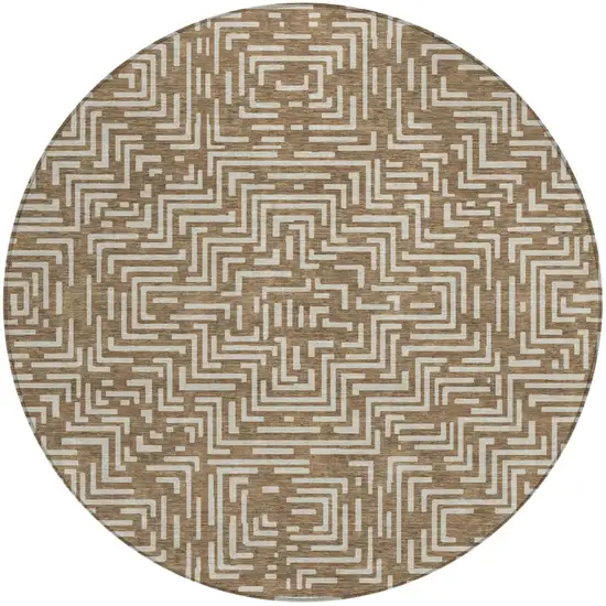 8' Brown And Gray Round Geometric Washable Indoor Outdoor Area Rug Photo 2