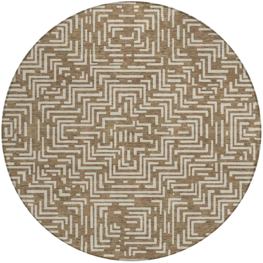 8' Brown And Gray Round Geometric Washable Indoor Outdoor Area Rug Photo 2
