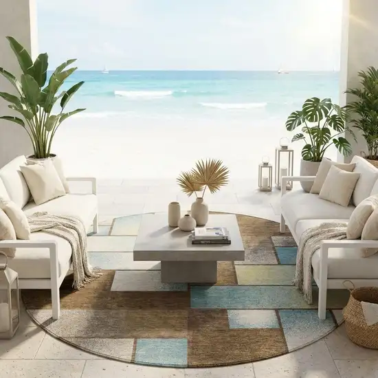 8' Brown And Gray Round Geometric Washable Indoor Outdoor Area Rug Photo 1