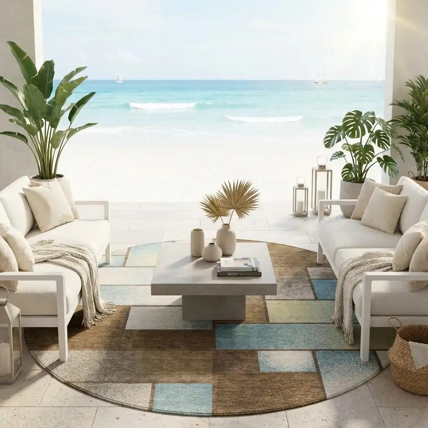 8' Brown And Gray Round Geometric Washable Indoor Outdoor Area Rug Photo 1