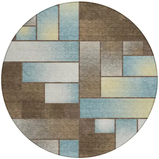 8' Brown And Gray Round Geometric Washable Indoor Outdoor Area Rug Photo 2