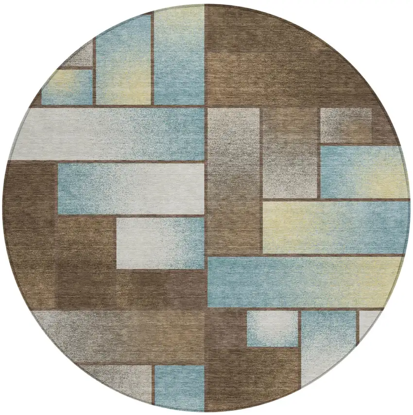 8' Brown And Gray Round Geometric Washable Indoor Outdoor Area Rug Photo 2