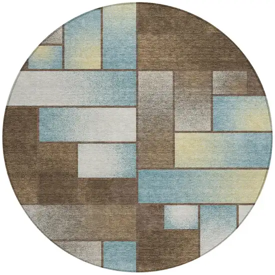 8' Brown And Gray Round Geometric Washable Indoor Outdoor Area Rug Photo 4