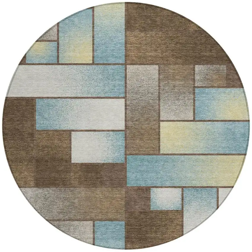 8' Brown And Gray Round Geometric Washable Indoor Outdoor Area Rug Photo 4