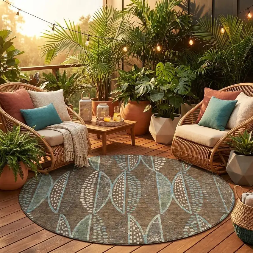 8' Brown And Gray Round Geometric Washable Indoor Outdoor Area Rug Photo 1