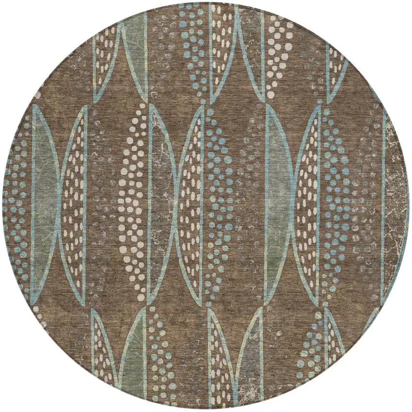 8' Brown And Gray Round Geometric Washable Indoor Outdoor Area Rug Photo 2