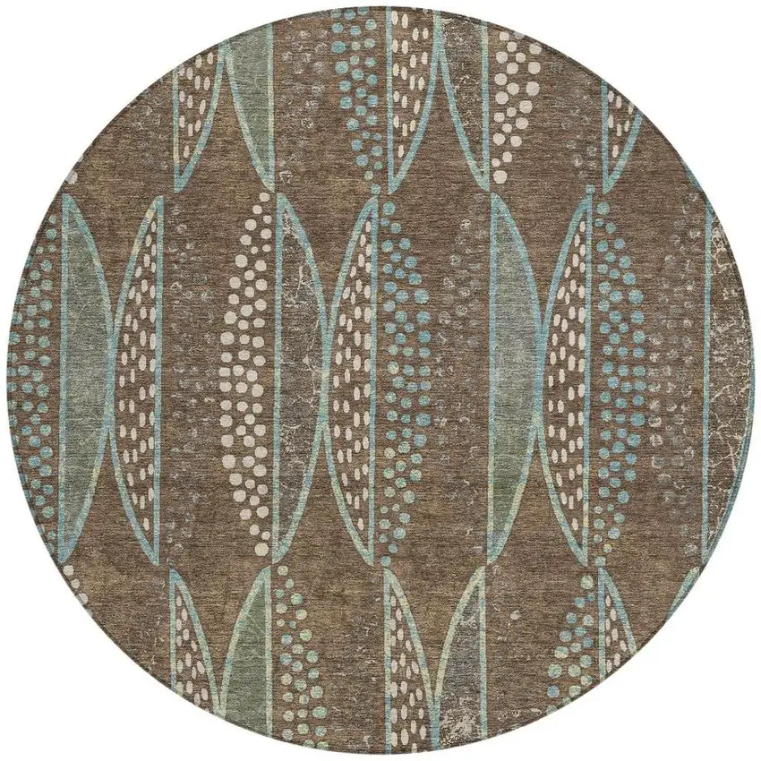 8' Brown And Gray Round Geometric Washable Indoor Outdoor Area Rug Photo 4