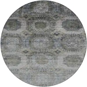 Photo of 8' Brown And Gray Round Medallion Washable Indoor Outdoor Area Rug