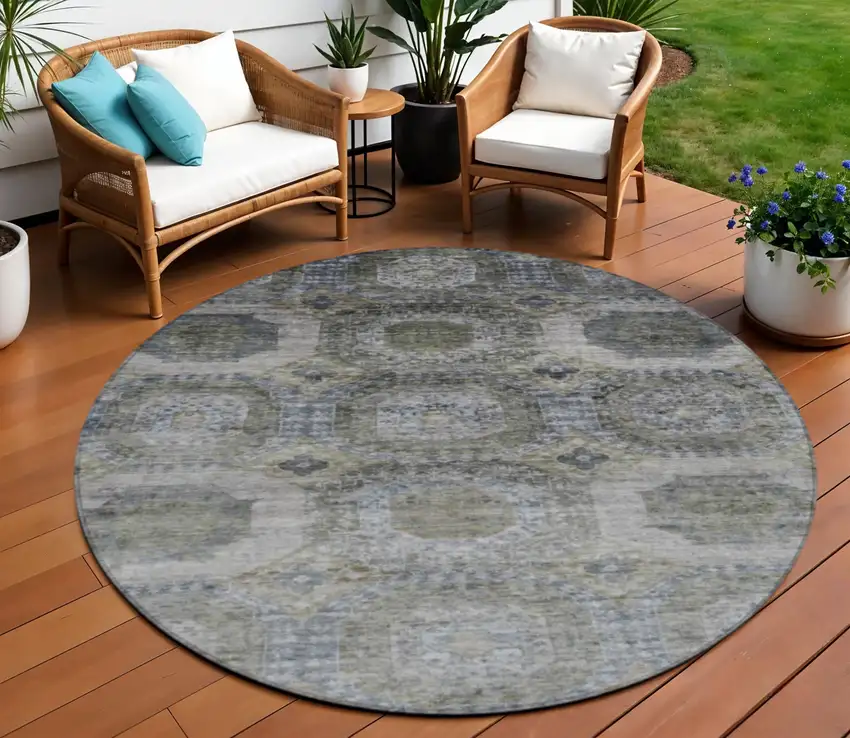 8' Brown And Gray Round Medallion Washable Indoor Outdoor Area Rug Photo 2