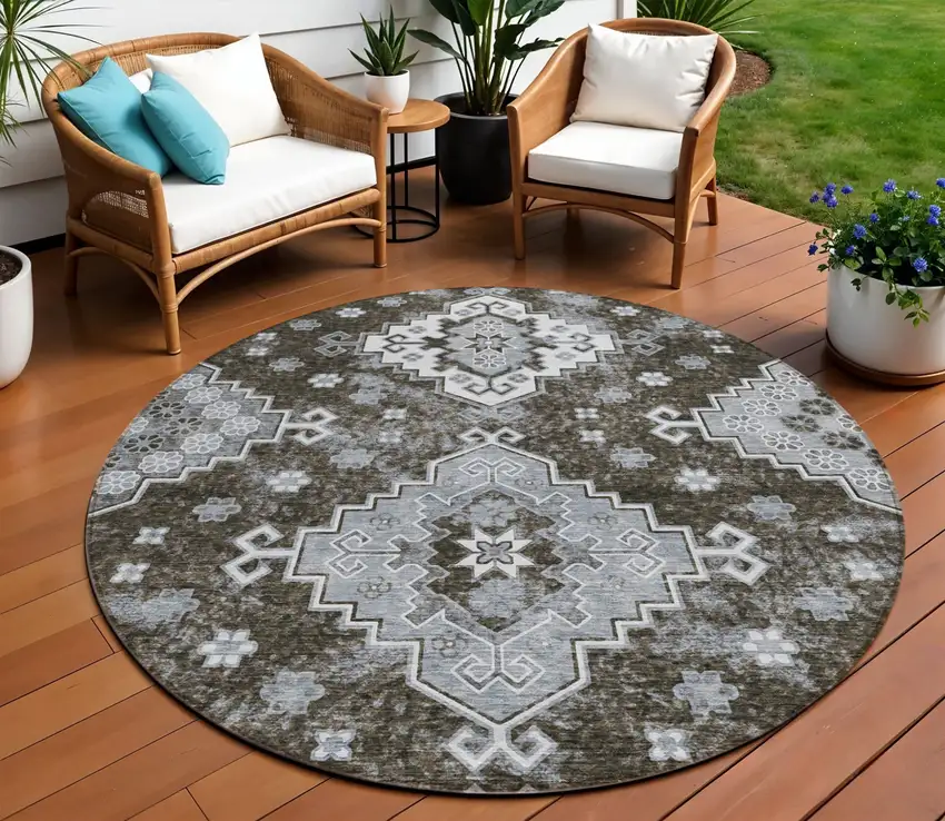 8' Brown And Gray Round Medallion Washable Indoor Outdoor Area Rug Photo 1