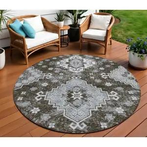 Photo of 8' Brown And Gray Round Medallion Washable Indoor Outdoor Area Rug