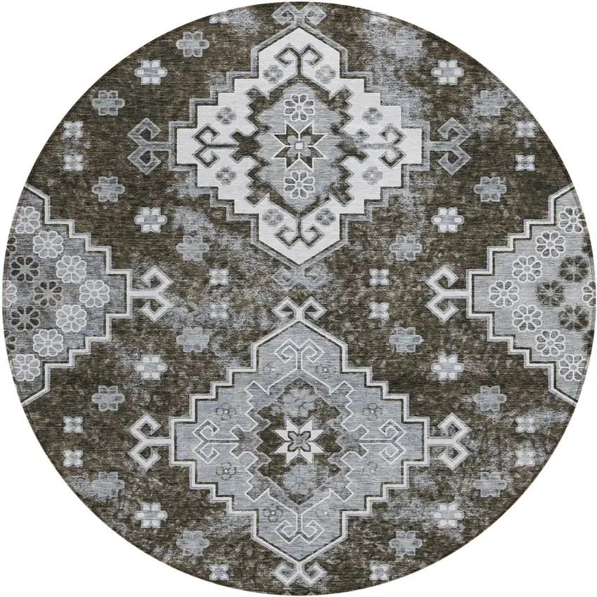 8' Brown And Gray Round Medallion Washable Indoor Outdoor Area Rug Photo 2
