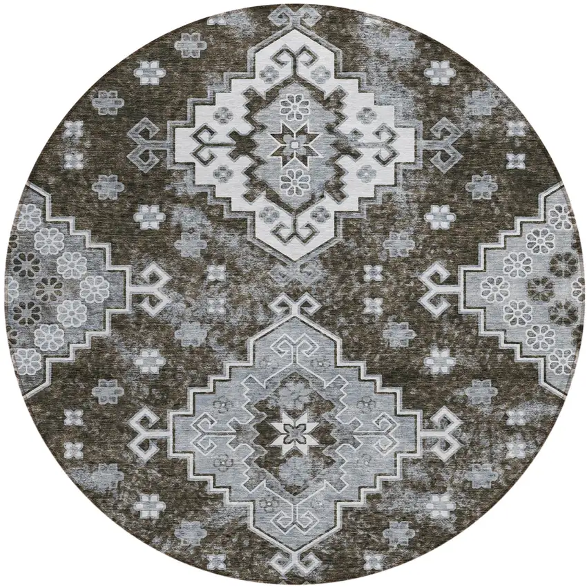 8' Brown And Gray Round Medallion Washable Indoor Outdoor Area Rug Photo 2