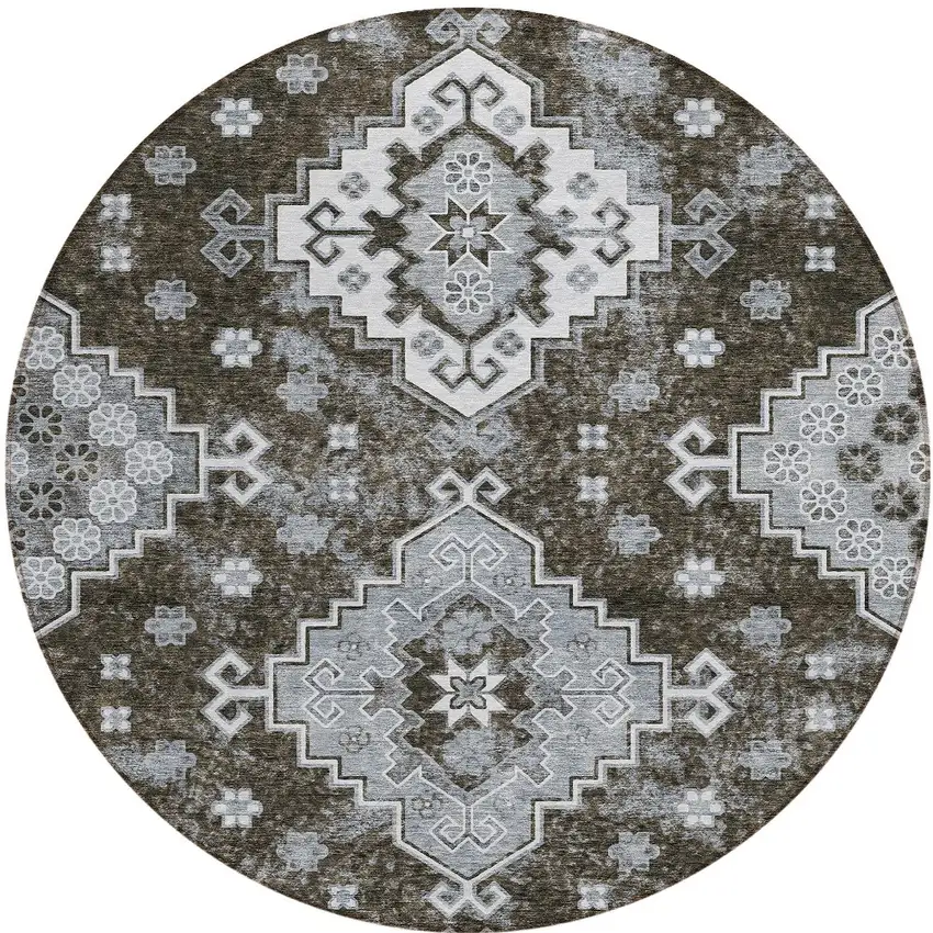 8' Brown And Gray Round Medallion Washable Indoor Outdoor Area Rug Photo 6