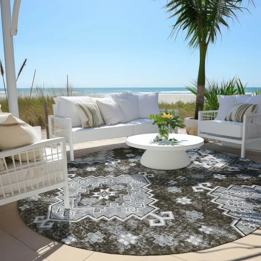 8' Brown And Gray Round Medallion Washable Indoor Outdoor Area Rug Photo 7