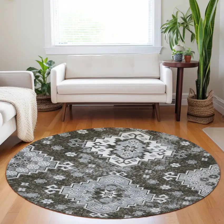 8' Brown And Gray Round Medallion Washable Indoor Outdoor Area Rug Photo 8