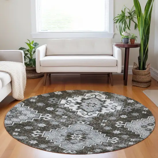 8' Brown And Gray Round Medallion Washable Indoor Outdoor Area Rug Photo 8