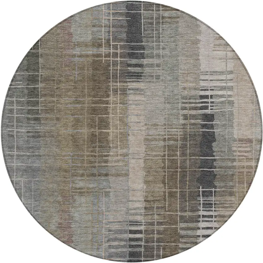 8' Brown And Gray Round Striped Washable Indoor Outdoor Area Rug Photo 2