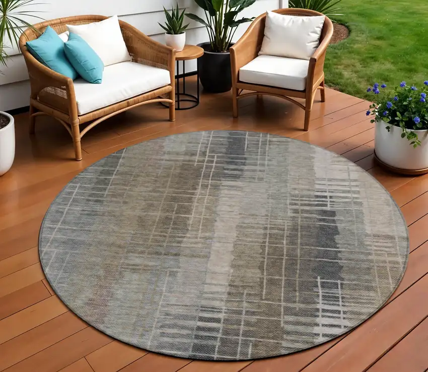 8' Brown And Gray Round Striped Washable Indoor Outdoor Area Rug Photo 1