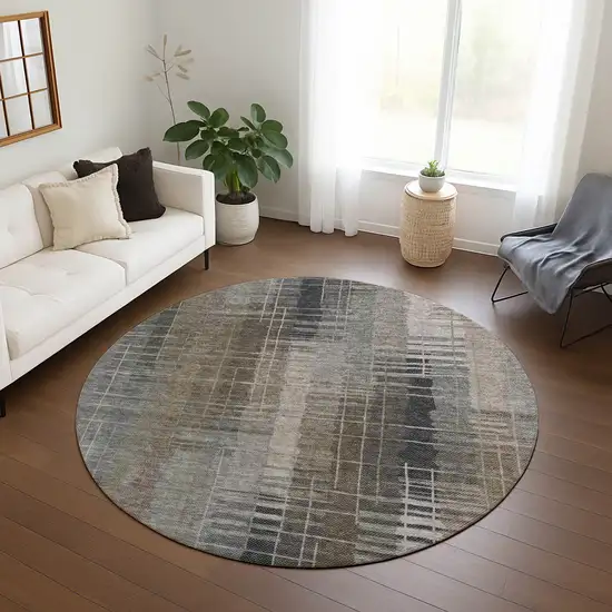 8' Brown And Gray Round Striped Washable Indoor Outdoor Area Rug Photo 9