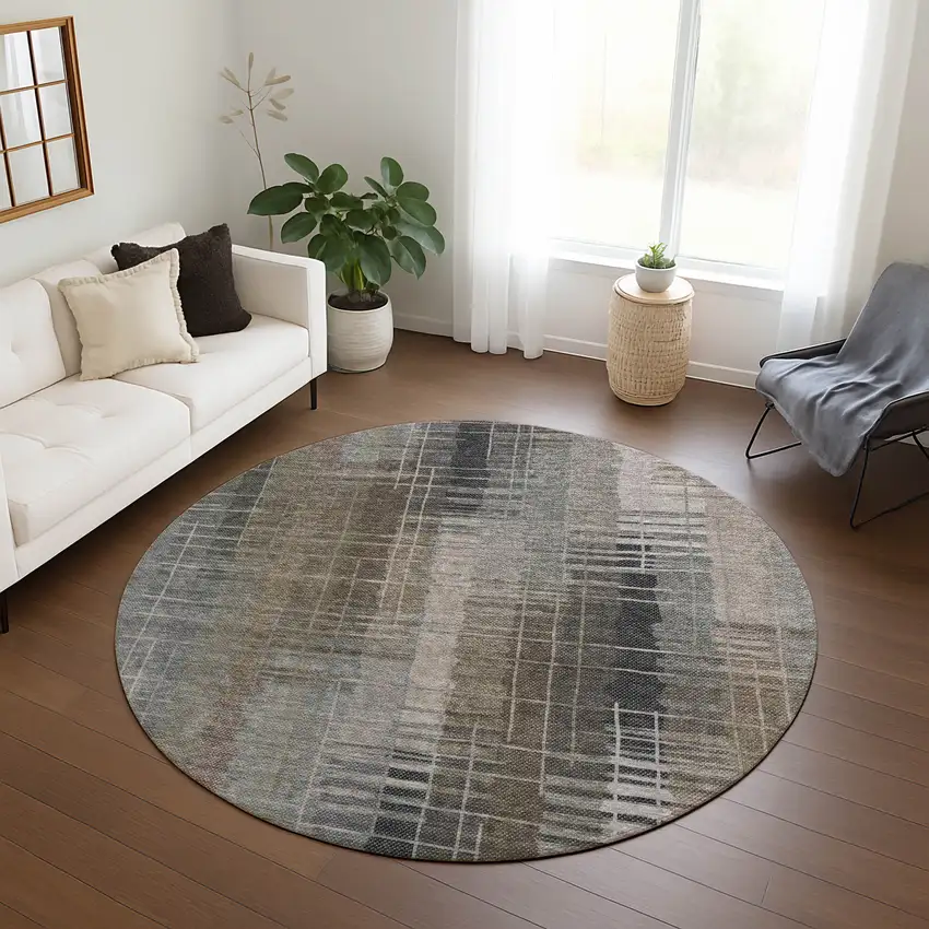 8' Brown And Gray Round Striped Washable Indoor Outdoor Area Rug Photo 9